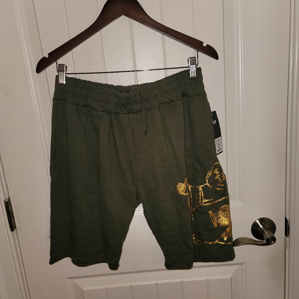 NWT True Religion Pull up cotton Lounge  Shorts Green Gold Small TRJM117